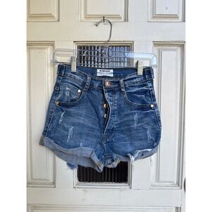 ONE x One Teaspoon Harlets High Rise Denim Shorts Twisted Cuff Blue Size 24‎